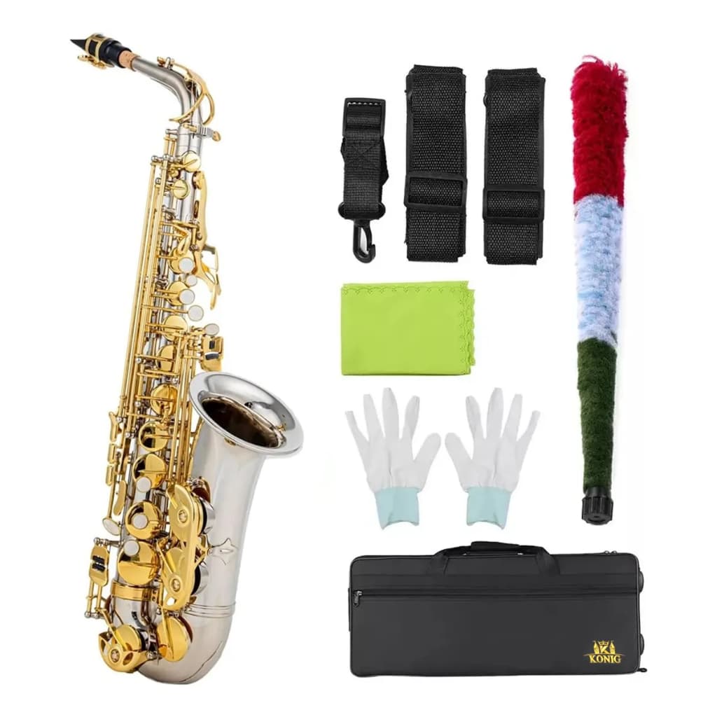 Sax Alto Saxofone Eb Prata e Dourado Konig Completo Com Estojo Boquilha Adesivo