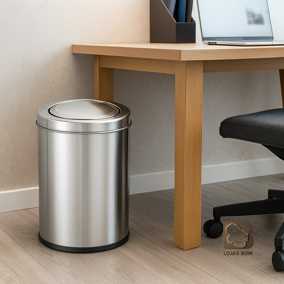Lixeira Redonda 12L Aço Inox Basculante Para Lixo Banheiro Escritório Lavabo Cozinha Resistente