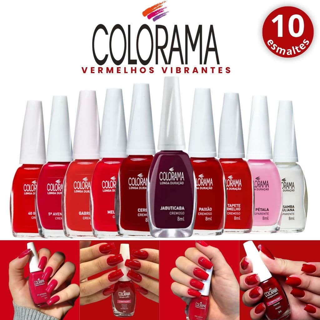 Kit 10 Esmaltes Tons Vermelhos Vibrantes Colorama Cremoso Esmalte Atacado