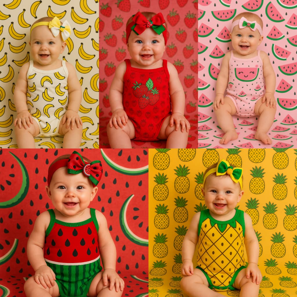 Body Bebê Alcinha Frutinhas + laço Kit 2 Peças
