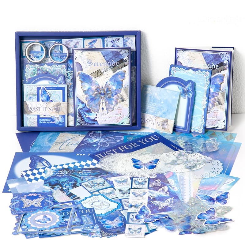 kit papelaria borboleta com caderno adesivo recortes washi tape caixa presente