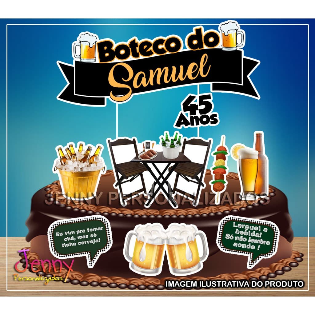 TopoTopper de Bolo Boteco Personalizado Com Nome e Idade