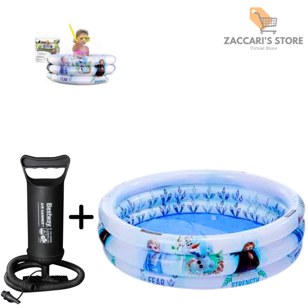 Kit Piscina 100 Litros Frozen De 3 Aneis + Bomba De Encher Para Crianças Alegria