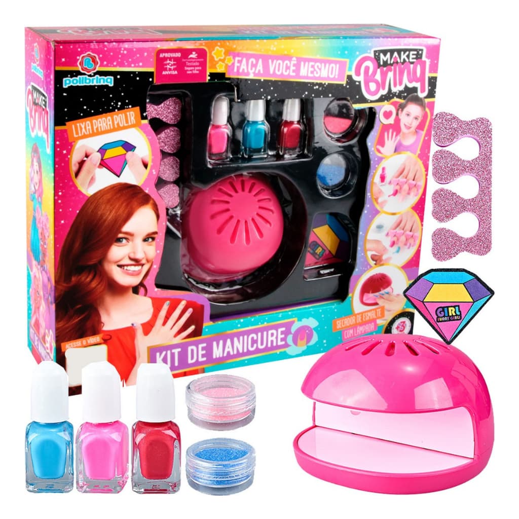 Kit Brinquedo Manicure E Mini Estufa Lixa Infantil Colorido Polibrinq