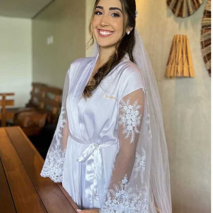 Robe Roupão Noiva Madrinha Cetim com Elastano Tule Bordado Luxo Branco