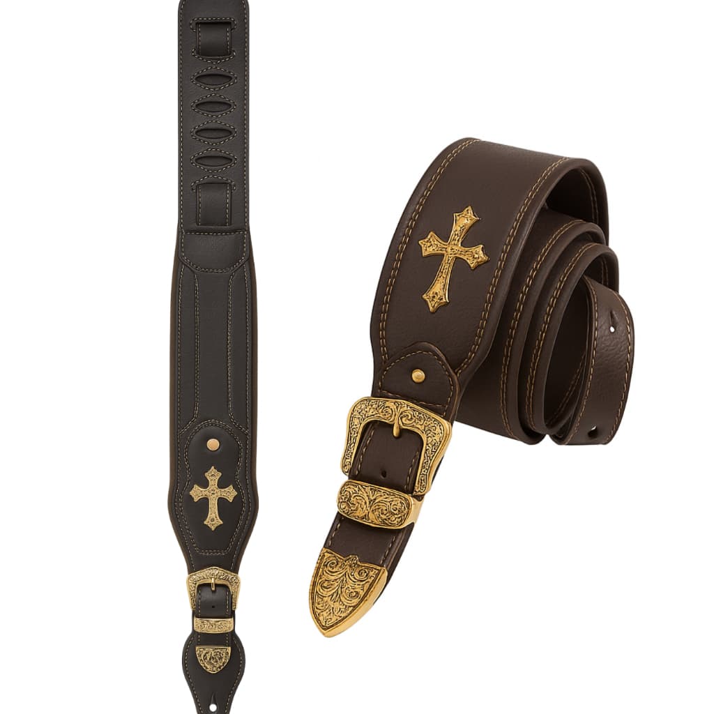 Correia de Couro Premium Acolchoada com Cruz para Violão Guitarra Baixo Ajustável Confortavel