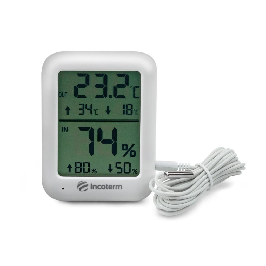 Termo-Higrômetro Digital Incoterm TH80 com Alarme de Temperatura e Umidade | Medição Interna e Externa
