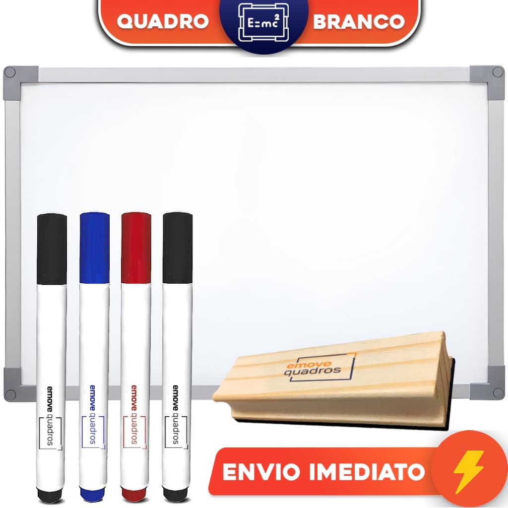 Quadro Branco Lousa 90x60cm + 4 Canetas Marcadores + Kit Instalação + 1 Apagador Madeira