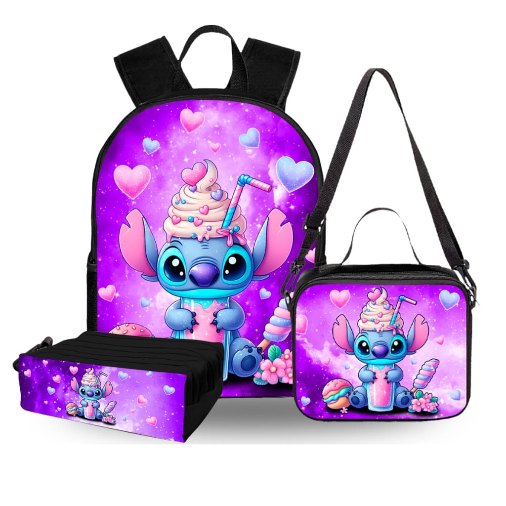 Kit Mochila Escolar Infantil Reforçada Stitch Sorvetinho roxo com Estojo 3 Repartições