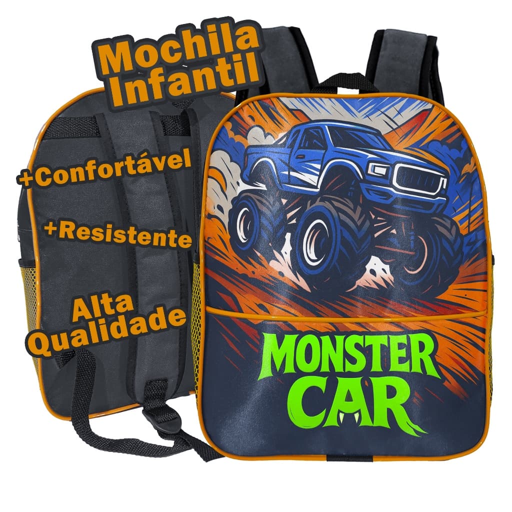 Mochila Infantil Escolar Menino Carro Monstro Bolsa Monster Car com Alça Confortável 2 a 5 anos