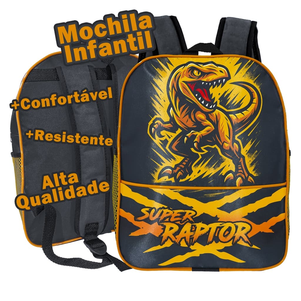 Mochila De Dinossauro Infantil Preta e Amarela Para Creche De 2 A 5 Anos Masculina Tema Jurassico Reforçada