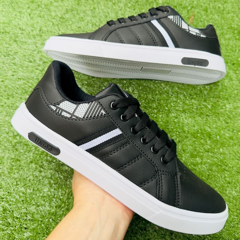 Tênis masculino adulto  preto branco casual leve confortavel