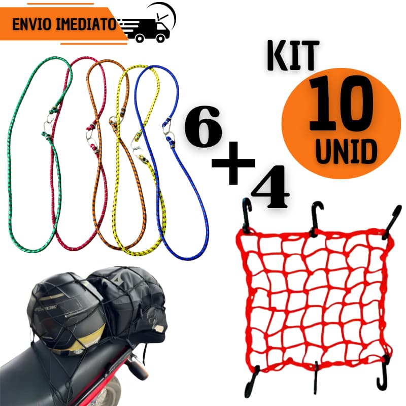 Kit 6 Elásticos + 4 Rede Aranha Bagageiro Moto Corda Elástica com Ganchos