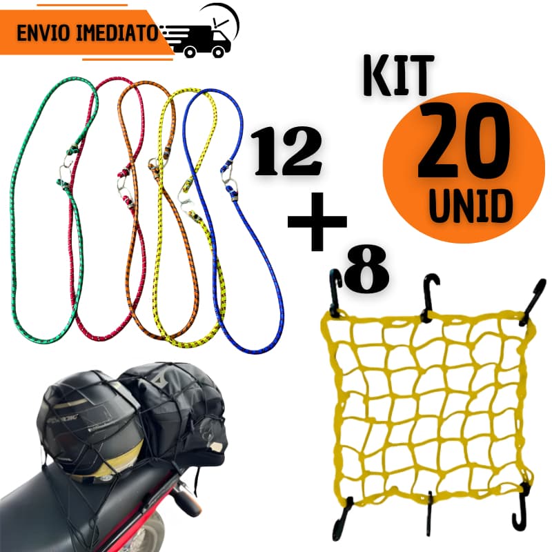 Jogo 12 Elásticos + 8 Rede Aranha Fixação Bagageiro Moto Corda Elástica com Ganchos