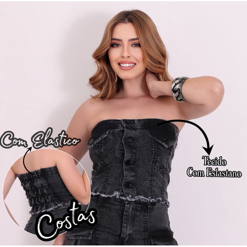 CROPPED JEANS FEMININO TOMARA QUE CAIA COM BOTÃO NA FRENTE TOP