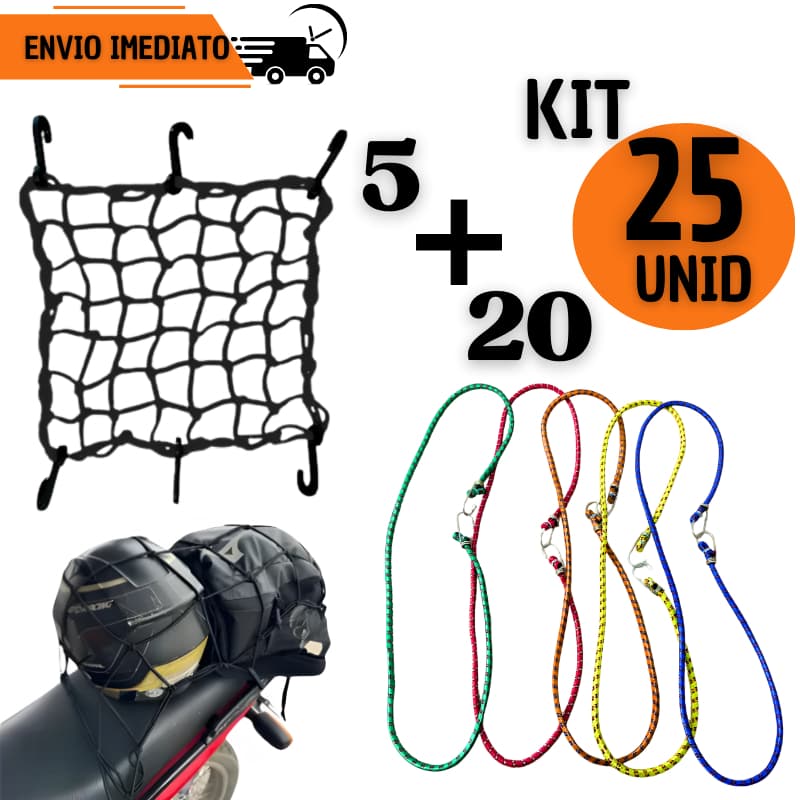 Kit 20 Elásticos + 5 Rede Aranha Bagageiro Moto Corda Elástica com Ganchos