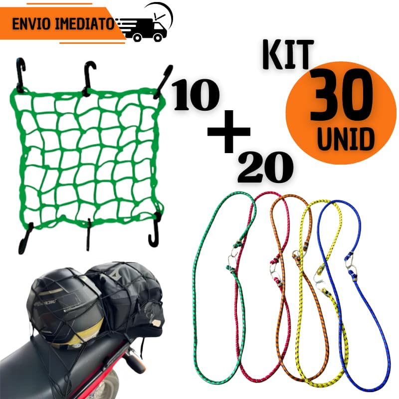 Jogo 20 Elásticos + 10 Rede Aranha Fixação Bagageiro Moto Corda Elástica com Ganchos