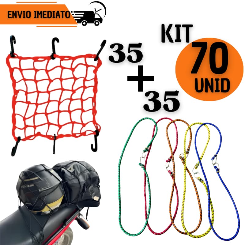 Jogo 35 Elásticos + 35 Rede Aranha Fixação Bagageiro Moto Corda Elástica com Ganchos