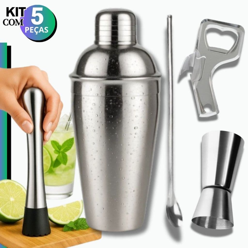 Kit Coqueteleira Caipirinha 500 ML Profissional 5 Peças Inox Socador Dosador Colher Alta Qualidade
