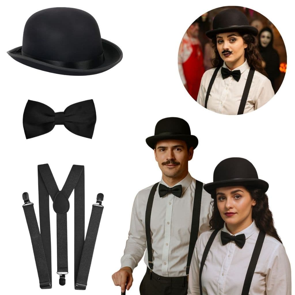 Chapéu Coquinho Preto Fantasia Traje Charlie Chaplin Gravata Borboleta Suspensório Ajustável Adulto