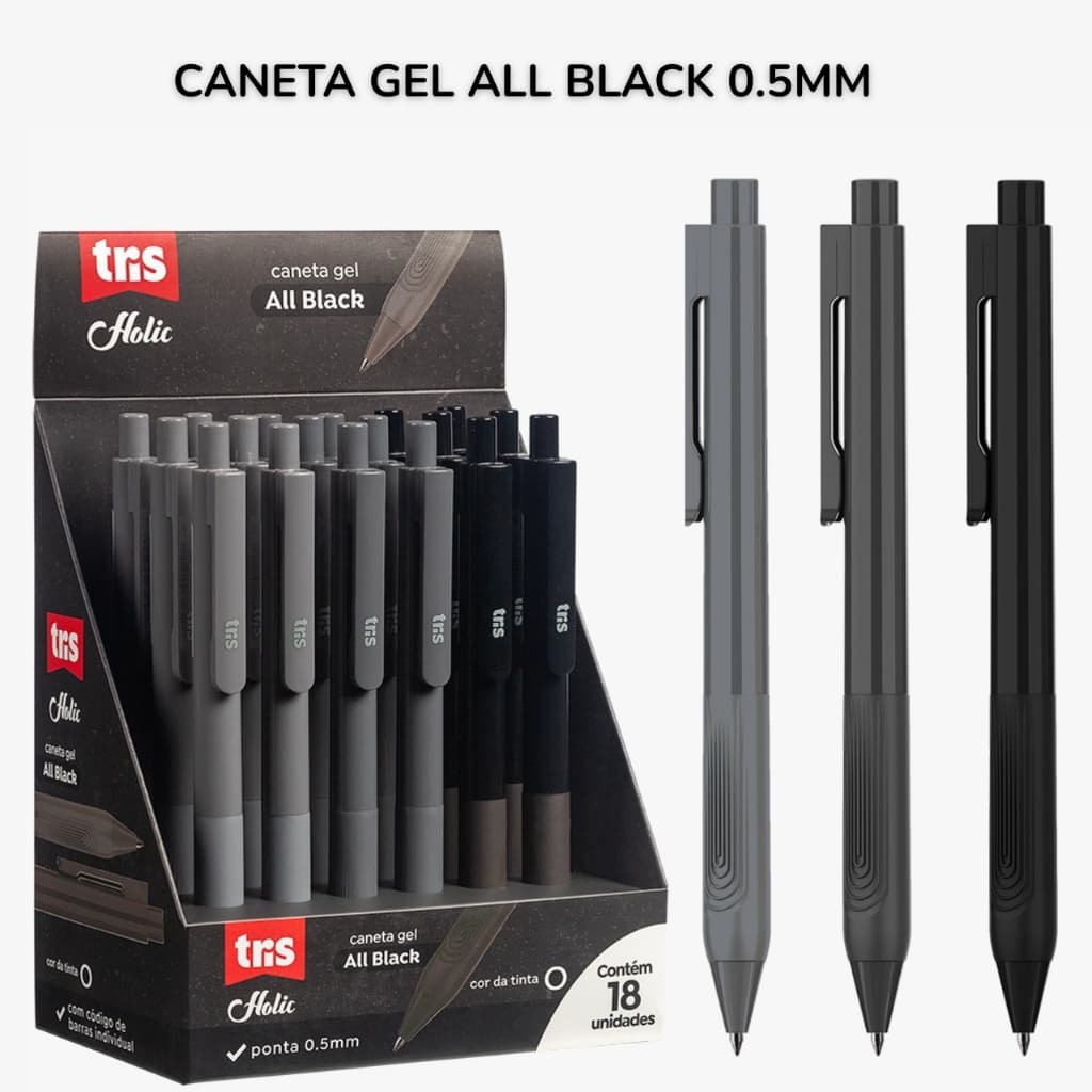 Caneta Gel Luxo 0.5mm All Black Tris Tinta Preta