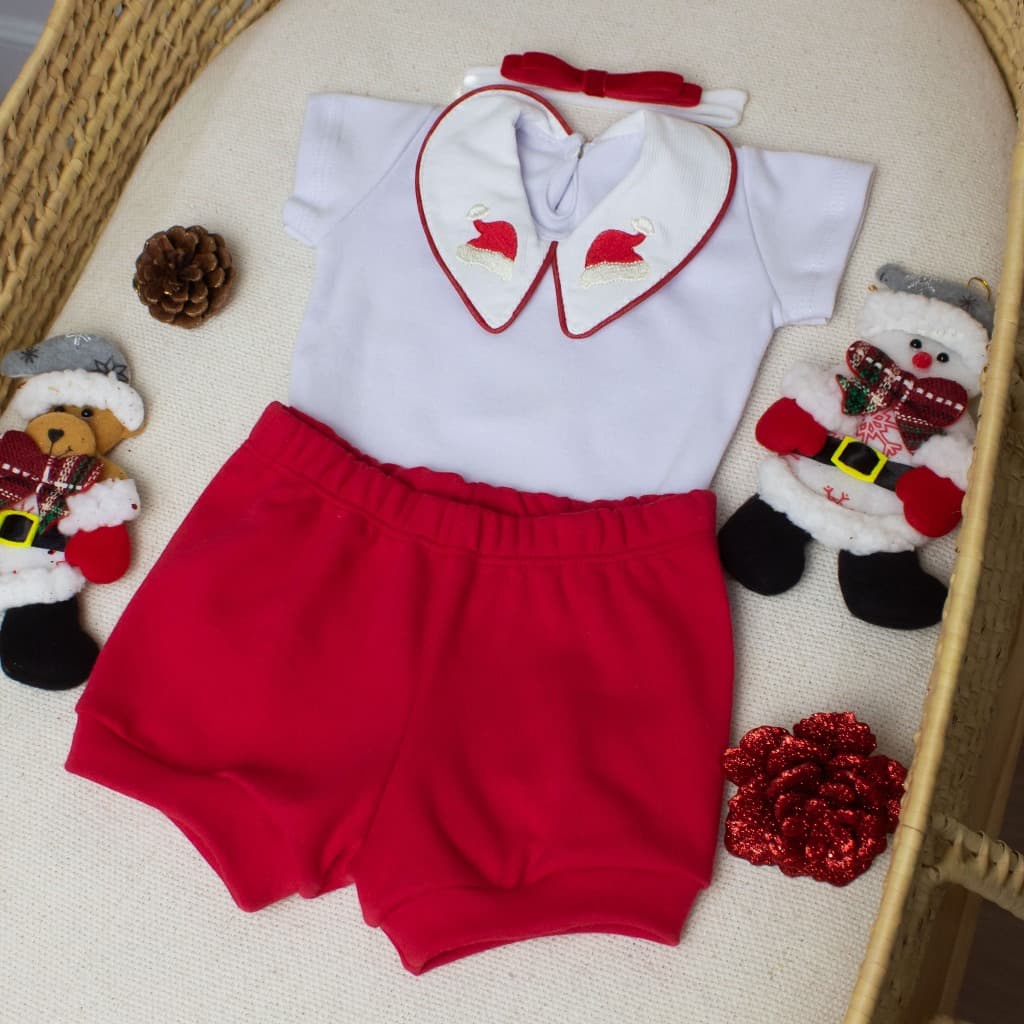 CONJUNTO NATAL PARA BEBE MENINA 100%ALGODÃO BODY COM GOLA BORDADA DE NATAL E FAIXINHA DE CABEÇA LUXO