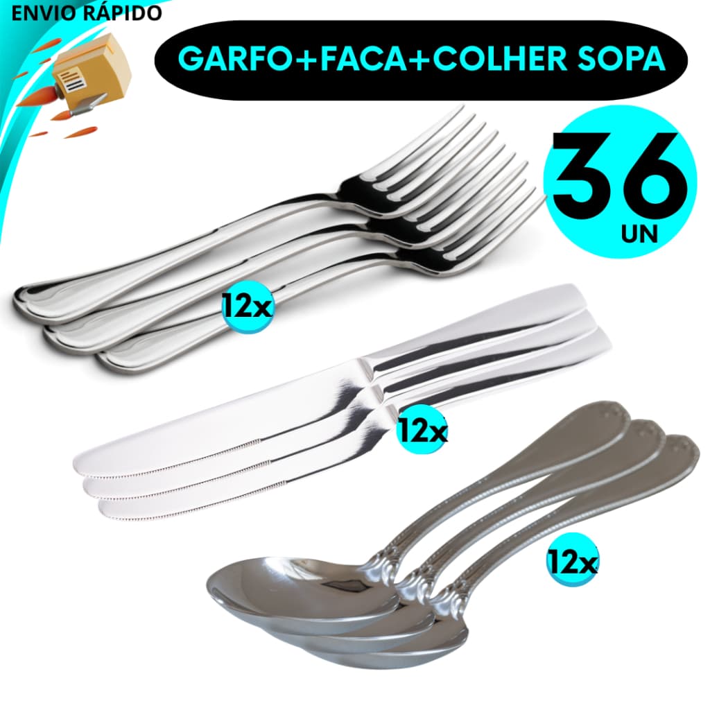 Kit Faca Garfo Colher 36 Peças Conjunto Talher Inox Cozinha Restaurante