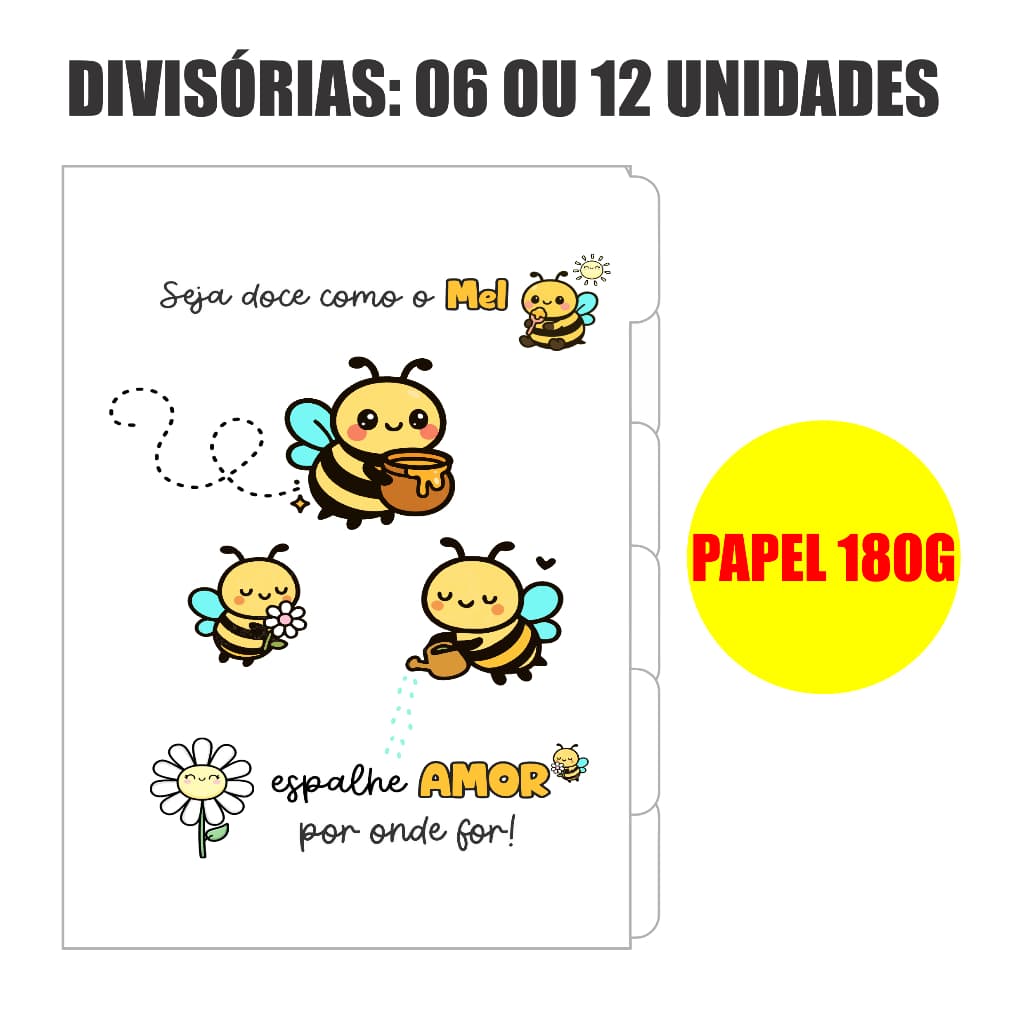 Divisórias Tamanho Colegial Papel 180Gramas Grosso - Tema Abelha - Escolha 6 ou 12 Unidades - ABELHA
