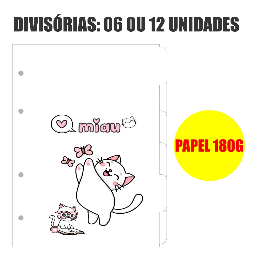 Divisórias Tamanho Colegial Papel 180Gramas Grosso - Tema Gatinha - Escolha 6 ou 12 Unidades - Gatinha