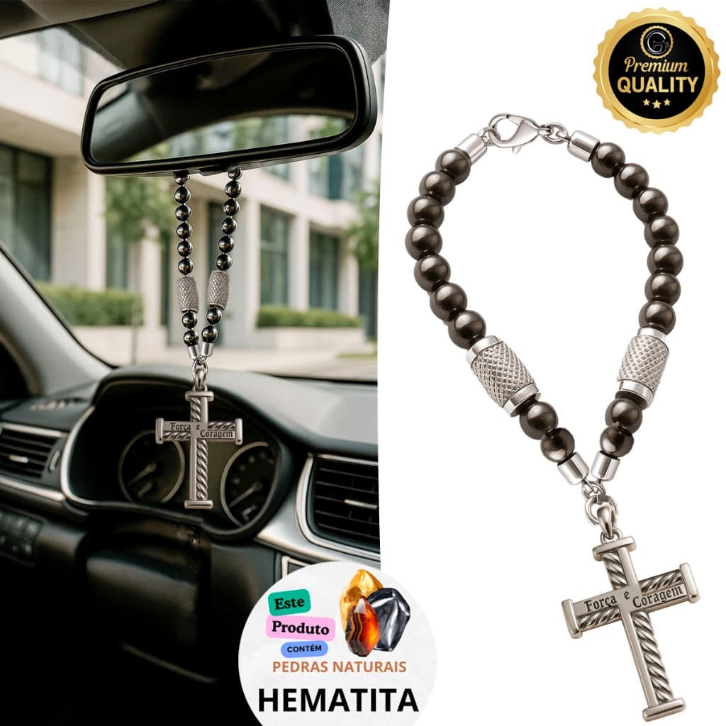 Espelho Retrovisor Do Carro Decoração Pulseiras De Pérolas De Vidro Cruz Força Coragem Onix Grafite