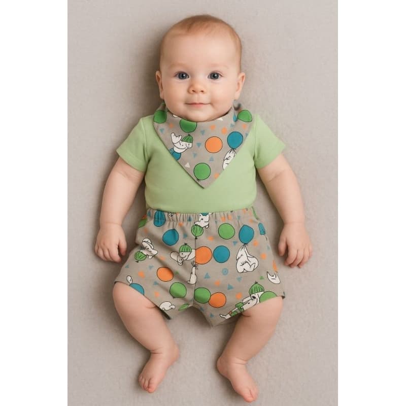 Conjunto Bebê Menina e Menino | Body + Shorts + Babador | Suedine 100% Algodão Premium | P M G GG