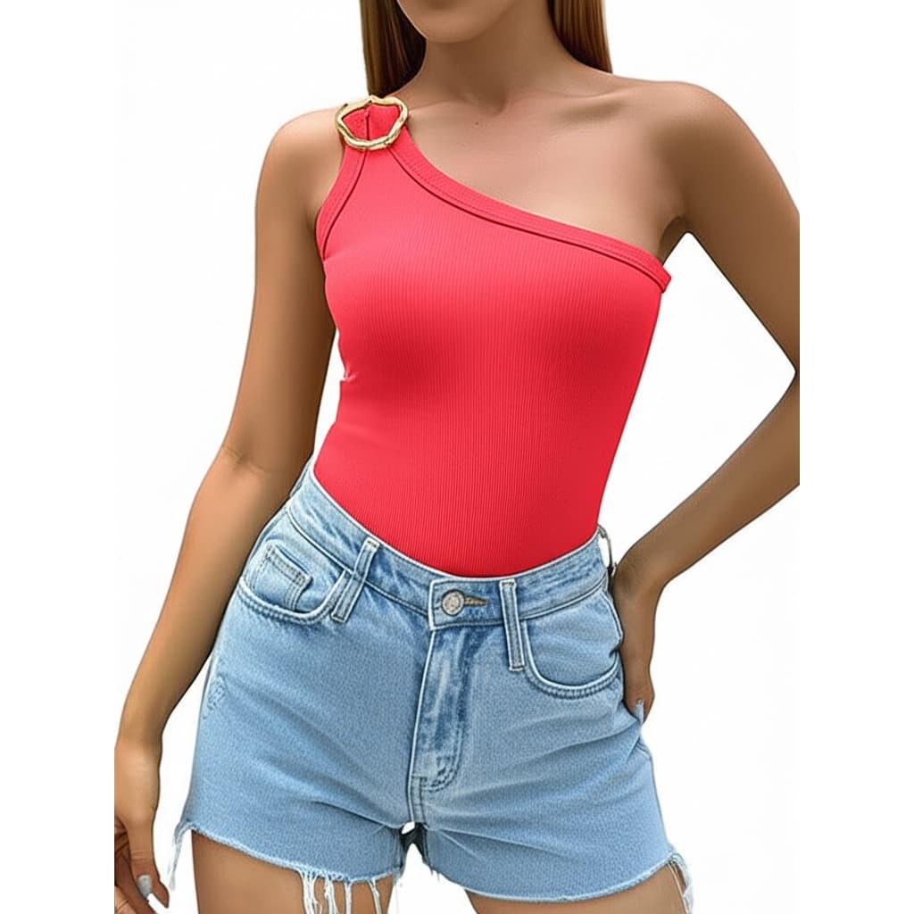Blusa Um Ombro Só Blusinha Detalhe com Argola Regata Feminina Cores Sortidas