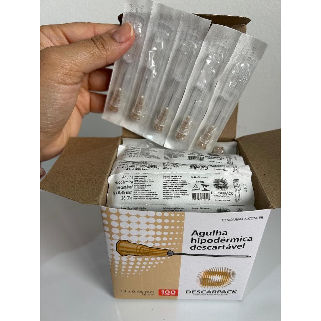 Agulha Hipodérmica Descartável 26G 13x45mm – Caixa com 100 Unidades – Descarpack