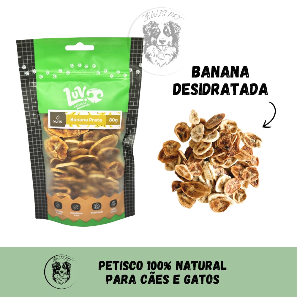 Petisco Natural Desidratado Snack de Banana Prata 80g Para Cães e Gatos - Luv Petisco