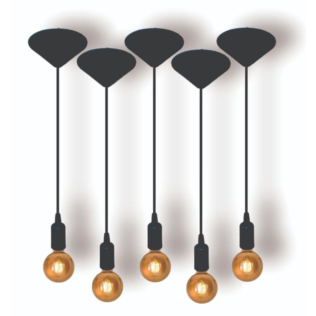 Kit 5 Fio Pendente Lustre Luminária de Teto Retrô Soquete Liso E27 Cabo PP Preto 1mt