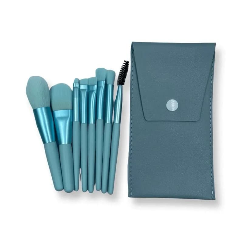 Kit Mini 8 Pincéis de Maquiagem – Profissional para Pó, Sombra, Blush e Iluminador Azul