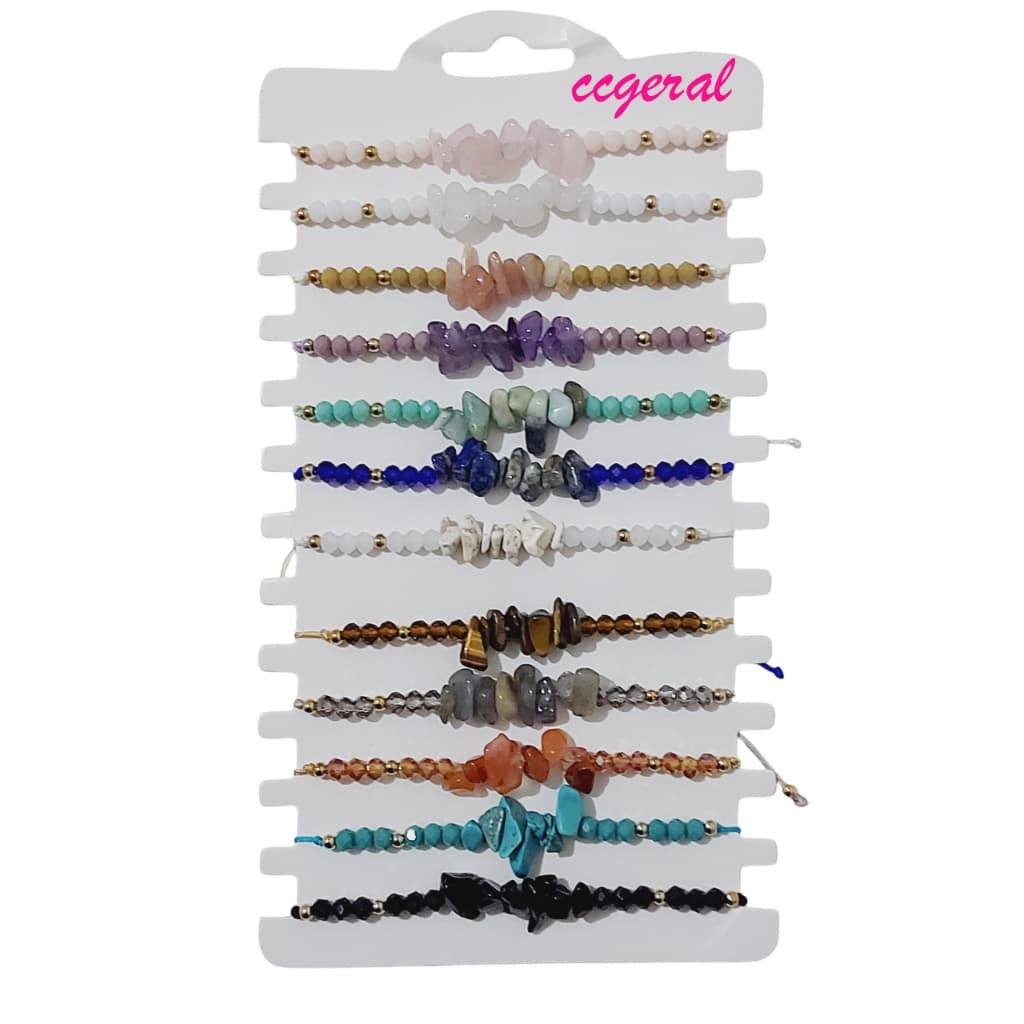 Kit 12 Pulseiras Pedra Cascalho Com Cristal Com Fio Ajustável