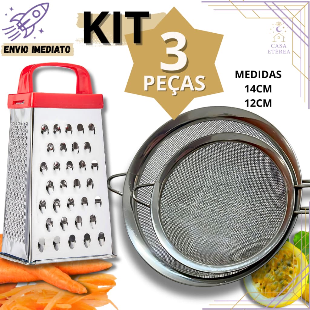 Kit 3 Peneiras Inox com Ralador 4 Faces para Bolos Pães Queijo Confeitaria Cozinha  Restaurante