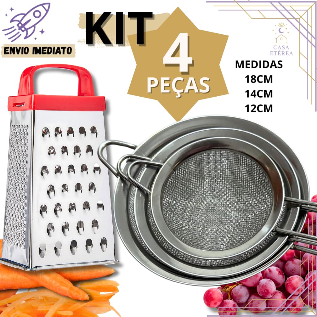 Kit 4 Peneiras Inox com Ralador 4 Faces para Bolos Pães Queijo Confeitaria Cozinha  Restaurante