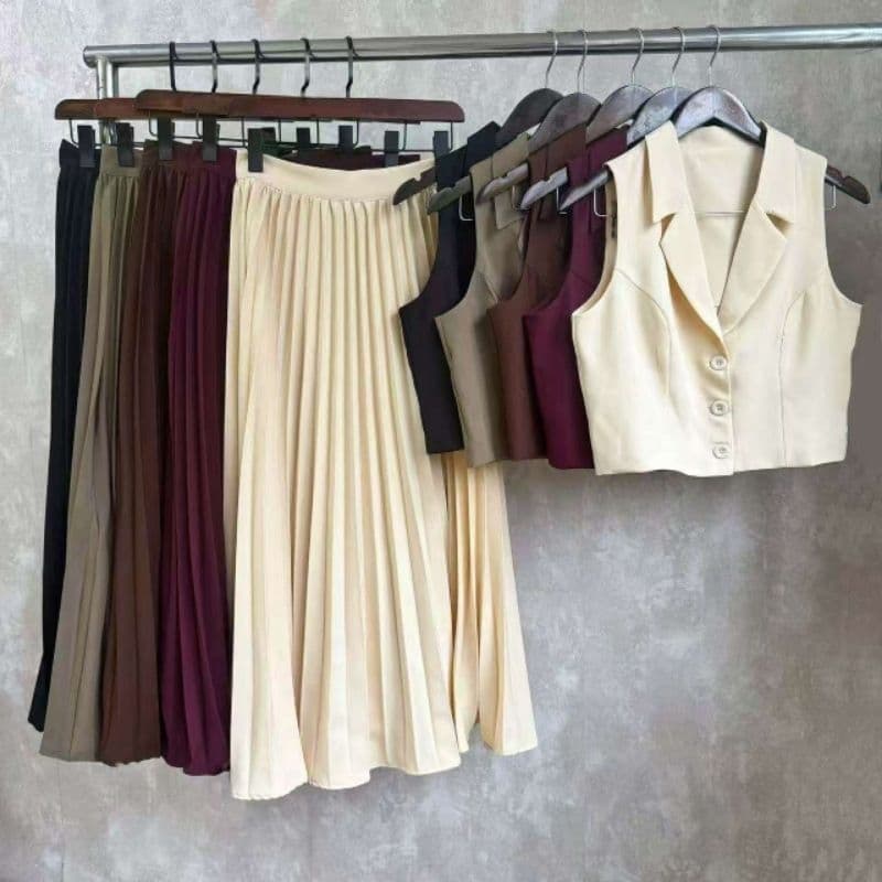 Conjunto Feminino Elegante colete e saia plissada #305 Luis Twill