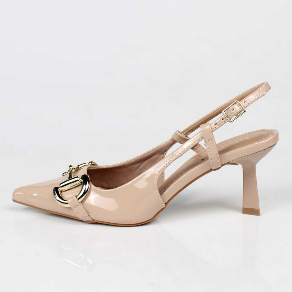 Slingback Nude Verniz Salto Fino Fivela Dourada Week Shoes