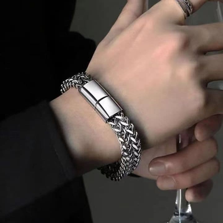 Pulseira Masculina Hip-Hop Aço Inoxidável Prata Corrente Grossa Fecho Magnético Moda Simples