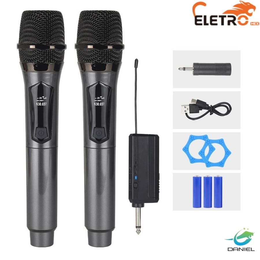 Eletro max Microfones Dinâmico Sem Fio Duplo Profissional Recarregável Uhf EL-5005