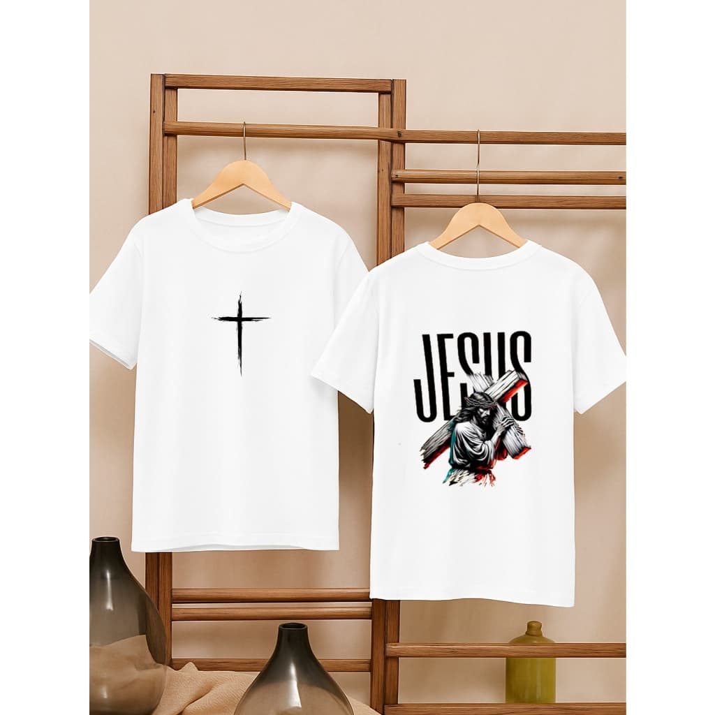 Camiseta Oversized Feminina Estampada Frente/Costas 100% Algodão Camisetão Jesus Religiosa Cruz Católica