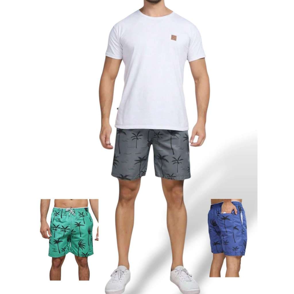 Short Tactel Grosso Masculino Adulto Surf Praia Piscina Secagem Rápida Academia Bermuda Verão Estampa de coqueiro