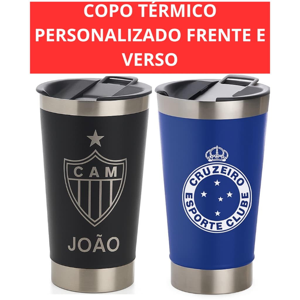 Copo térmico personalizado frente e verso com tampa logo nome e time preto ou azul