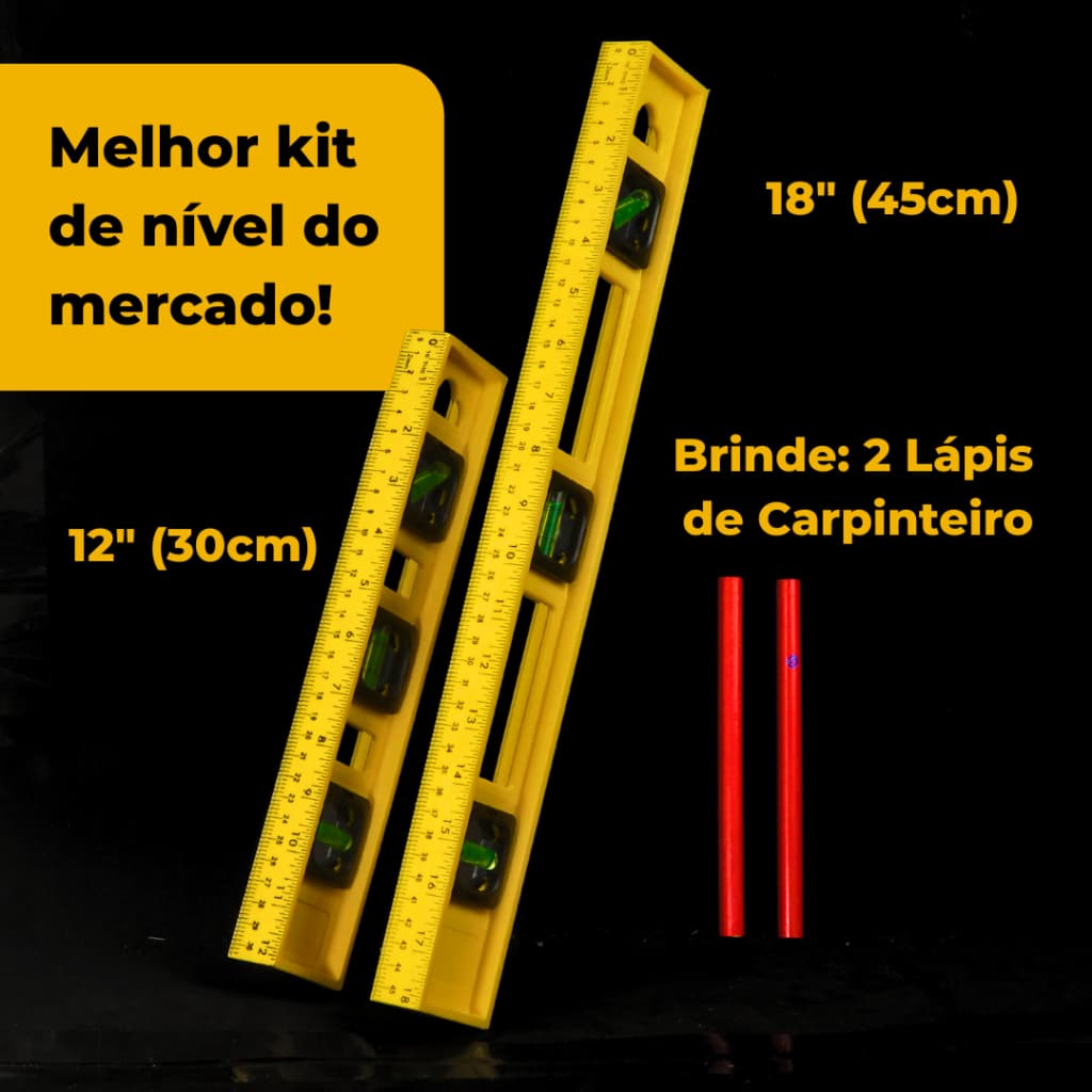 KIT Nível Régua 3 Bolhas 60, 45 e 30cm Profissional ABS Prumo Medição Nivelador mão Pedreiro Carpintaria