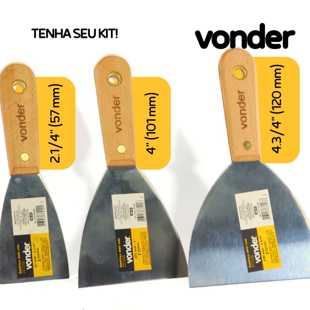Kit Espátulas 60, 100, 120mm Aço INOX Pedreiro Pintor Profissional Multiuso Cabo de Madeira - Vonder