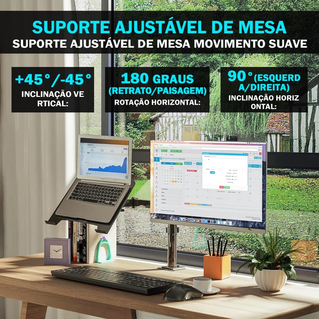 Suporte Ajustável de Mesa para Monitor com Inclinação e Rotação - Dupla Montagem