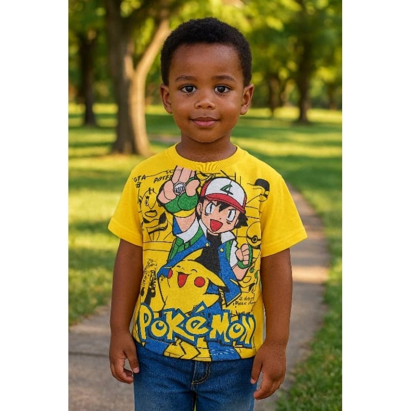 Camiseta Infantil Pokémon Ash Pikachu Manga Curta 100% Algodão